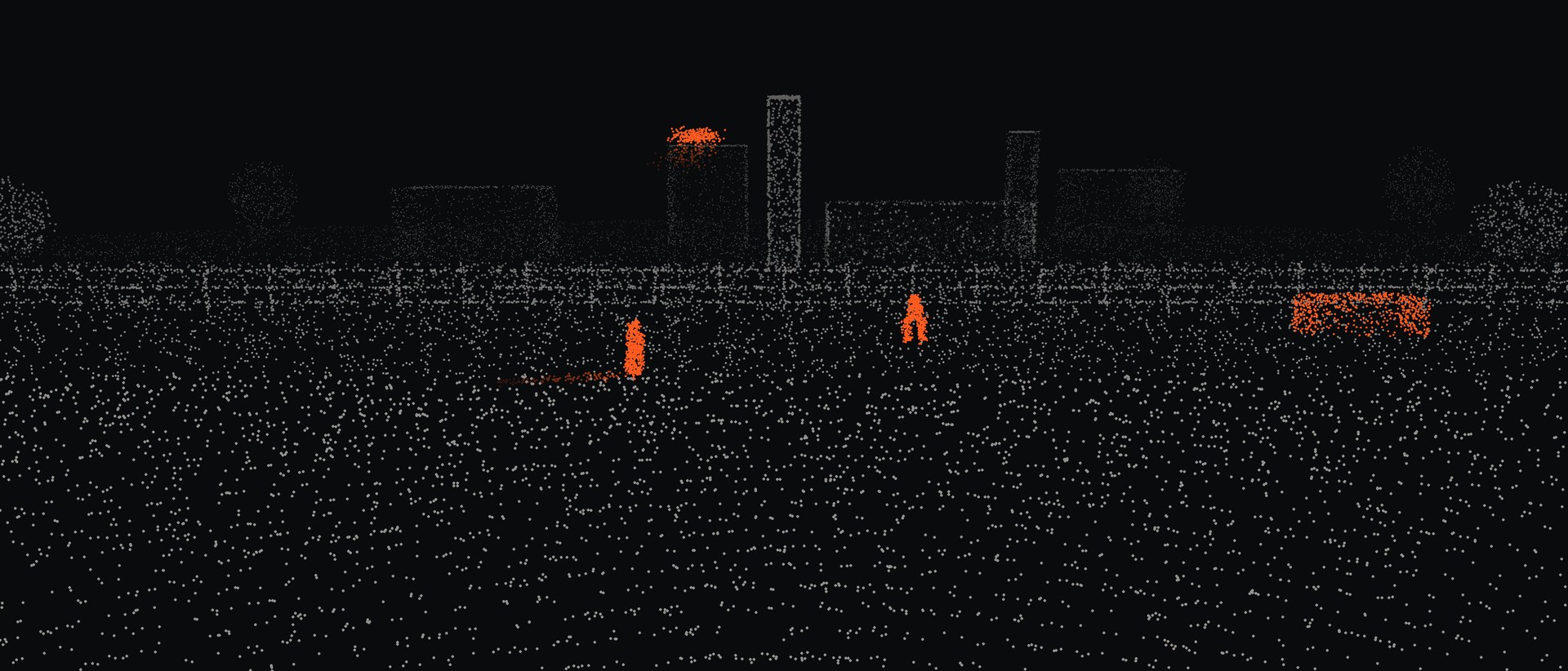 Radar point cloud of a fenced site at night: white points show the ground, fence and buildings; red points mark two people, a vehicle and a drone moving past the fence as a radar sweep passes.